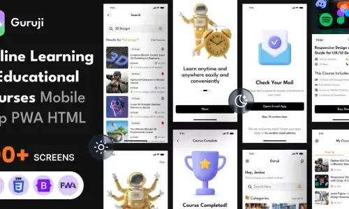 Online Learning and Education Mobile App PWA HTML Template - Guruji