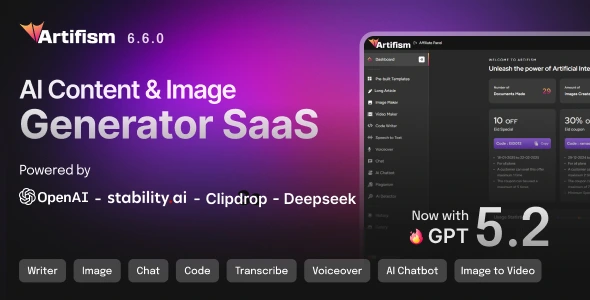 Artifism – AI Content, Image, Video, Chat, Chatbot, Voiceover & Code Generator SaaS