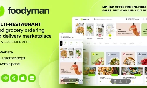 Foodyman - Multi-Restaurant Food Ordering and Delivery Marketplace (Web & Customer Apps)